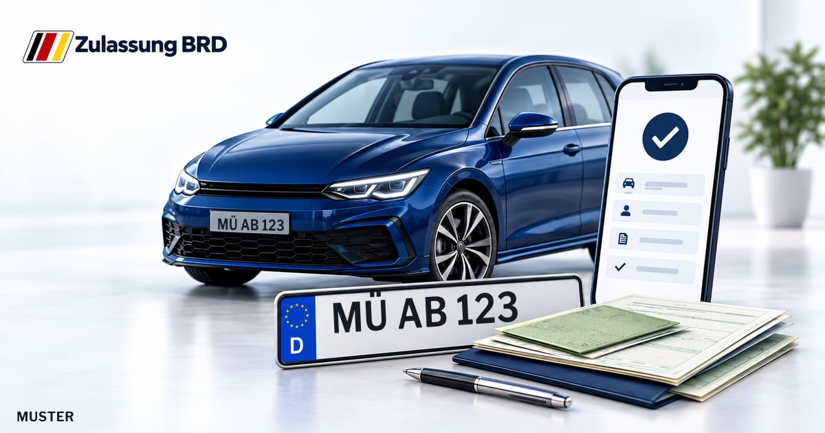 Online Fahrzeugzulassung in Landkreis Mühldorf a.Inn: Musterkennzeichen MÜ AB 123, Auto und Fahrzeugpapiere und Smartphone. Illustration mit Logo von Zulassung BRD.